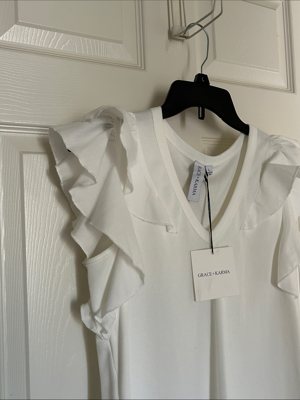 White Ruffle Sleeve V-Neck Top